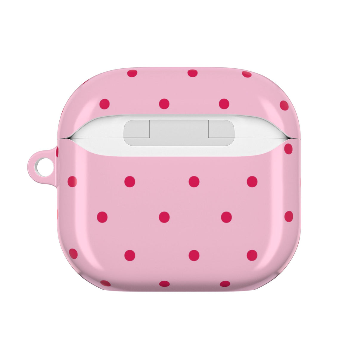 Pink and red polka dot AirPod case with the lid open