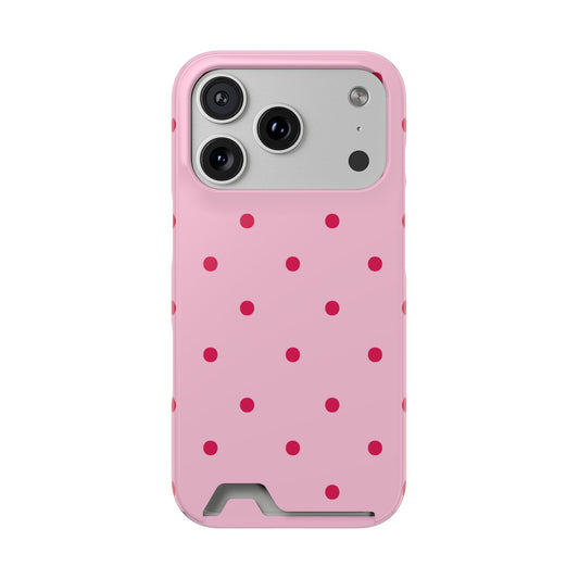 Pink and red polka dot phone case with a card slot