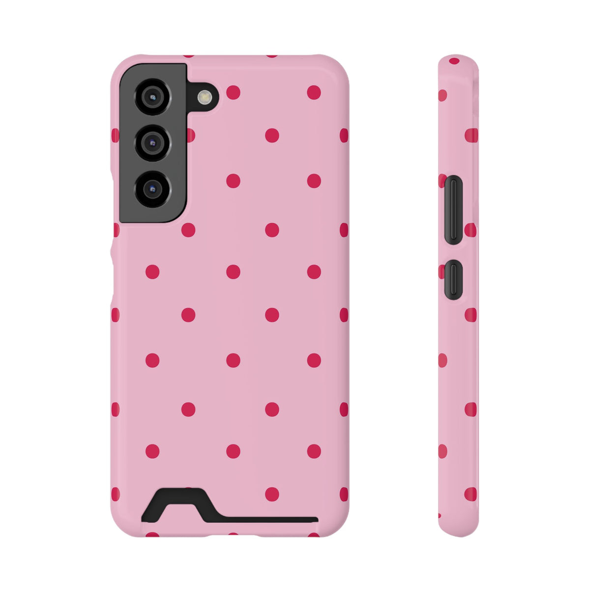 Pink and red polka dot phone case on an iPhone