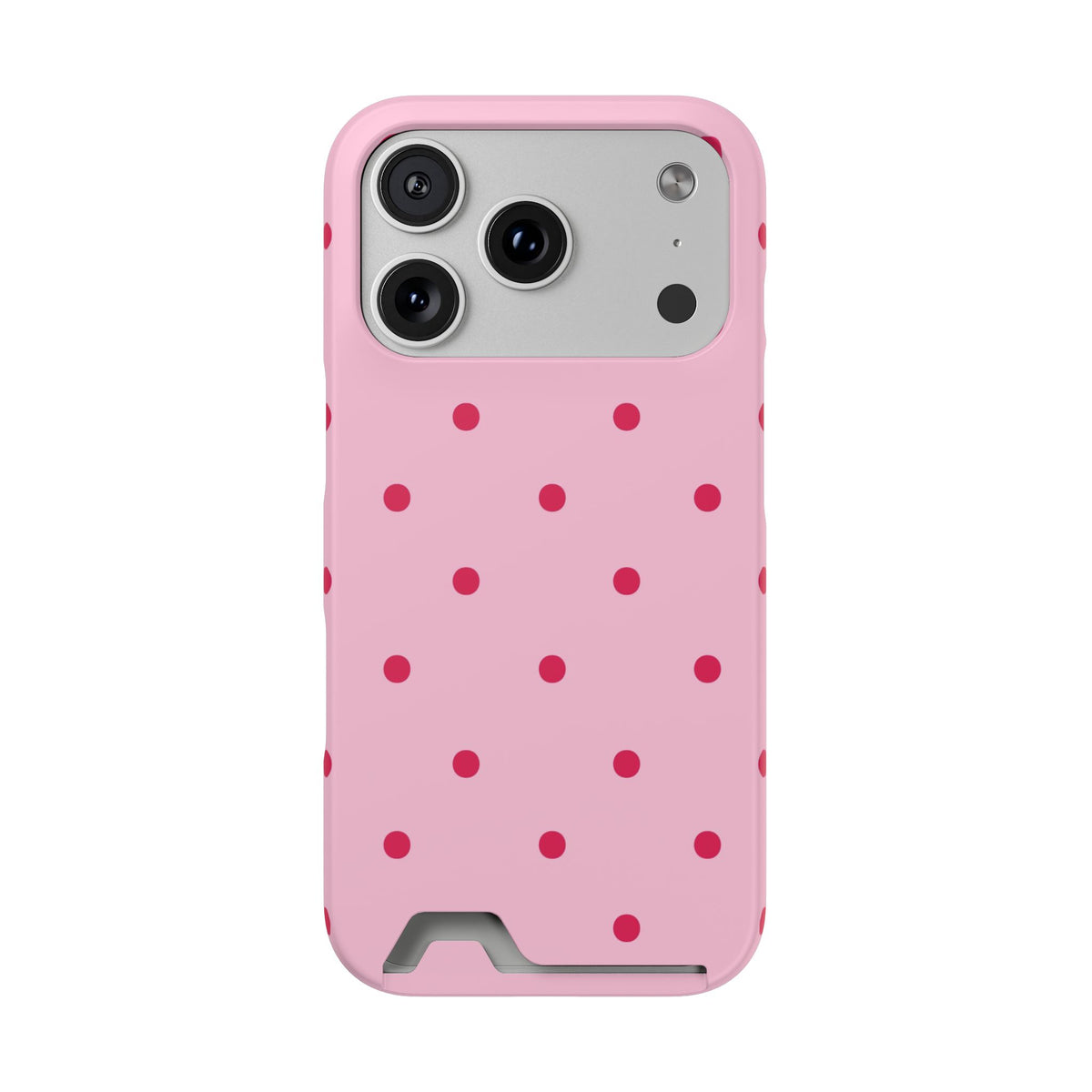 Polka dot phone case in pink and red, seen from the side