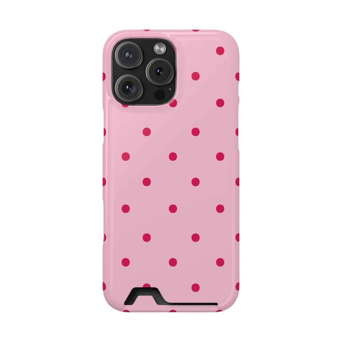 Pink and red polka dot phone case with a card in the slot