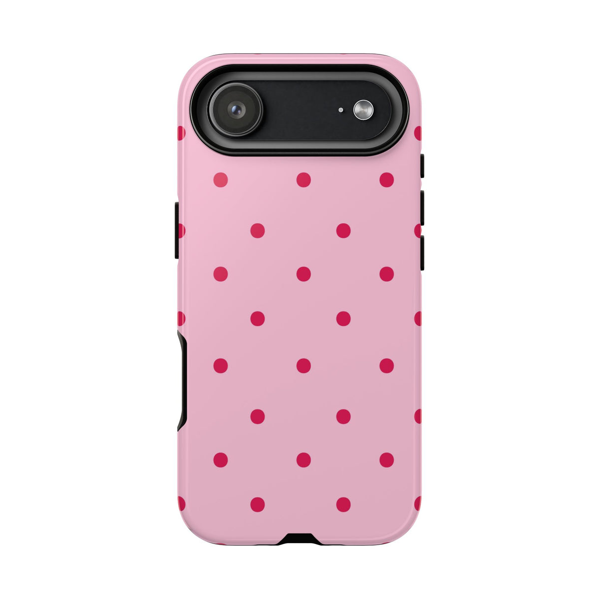 Pink tough phone case with red polka dots on an iPhone