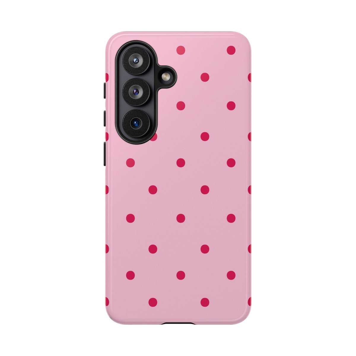 Pink and red dotted tough phone case held in hand