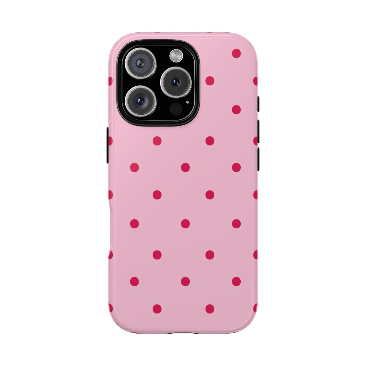 Pink and red polka dot tough phone case seen from the side