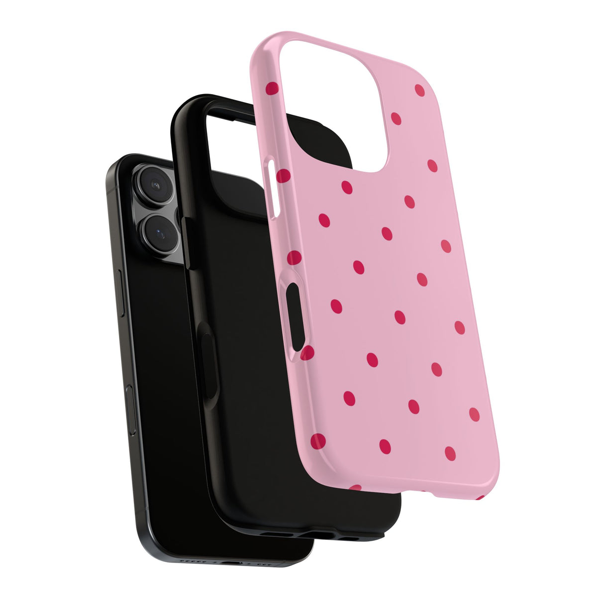 Pink and red polka dot tough phone case, back view