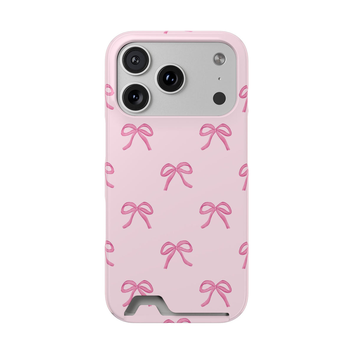 Pink bow phone case with card holder, soft pink ribbon bows on blush