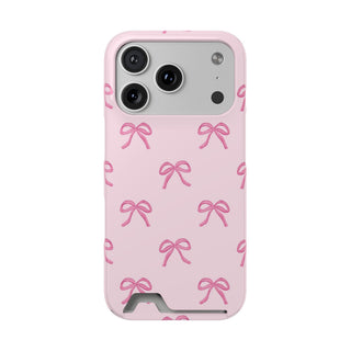 Pink bow phone case with card holder, soft pink ribbon bows on blush