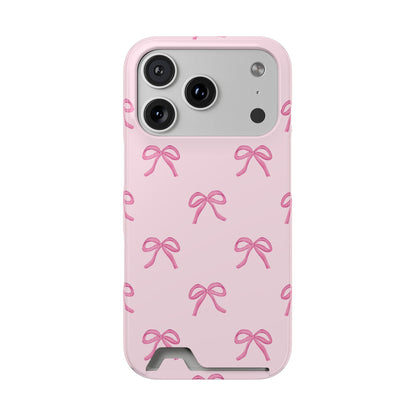 Pink bow phone case with card holder, soft pink ribbon bows on blush