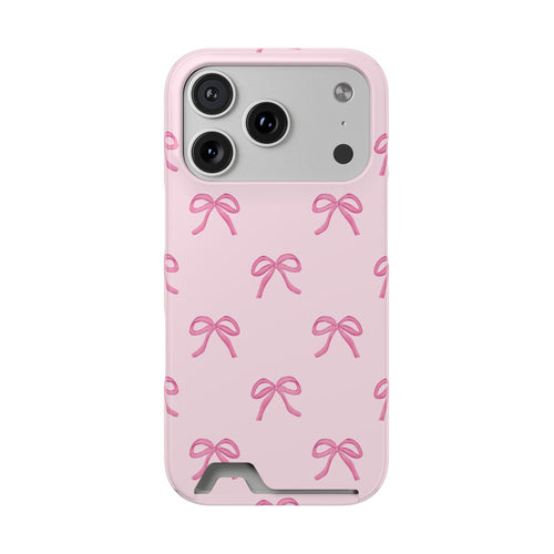 Pink bow phone case with card holder, soft pink ribbon bows on blush