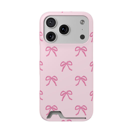 Pink bow phone case with card holder, soft pink ribbon bows on blush