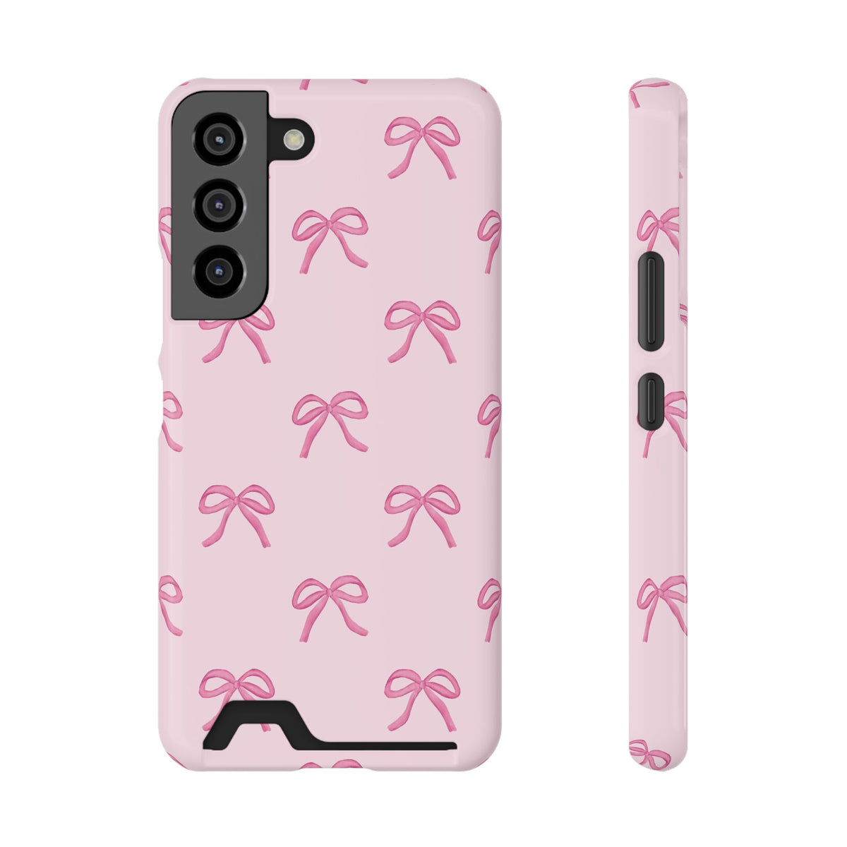 Pink bow phone case with card holder, soft pink bows on a blush background