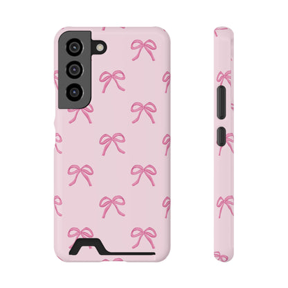 Pink bow phone case with card holder, soft pink bows on a blush background