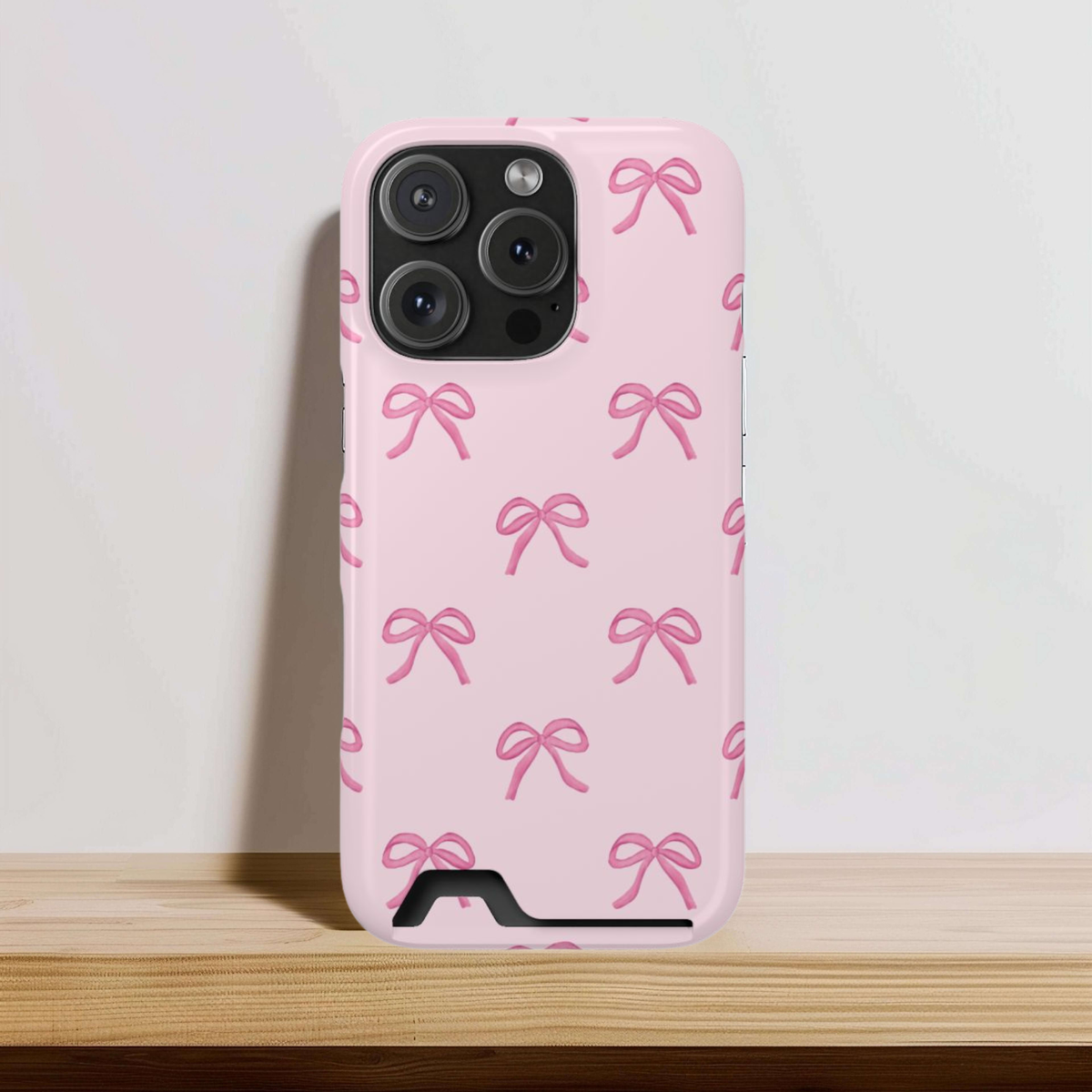 Pink bow phone case with card holder, design detail