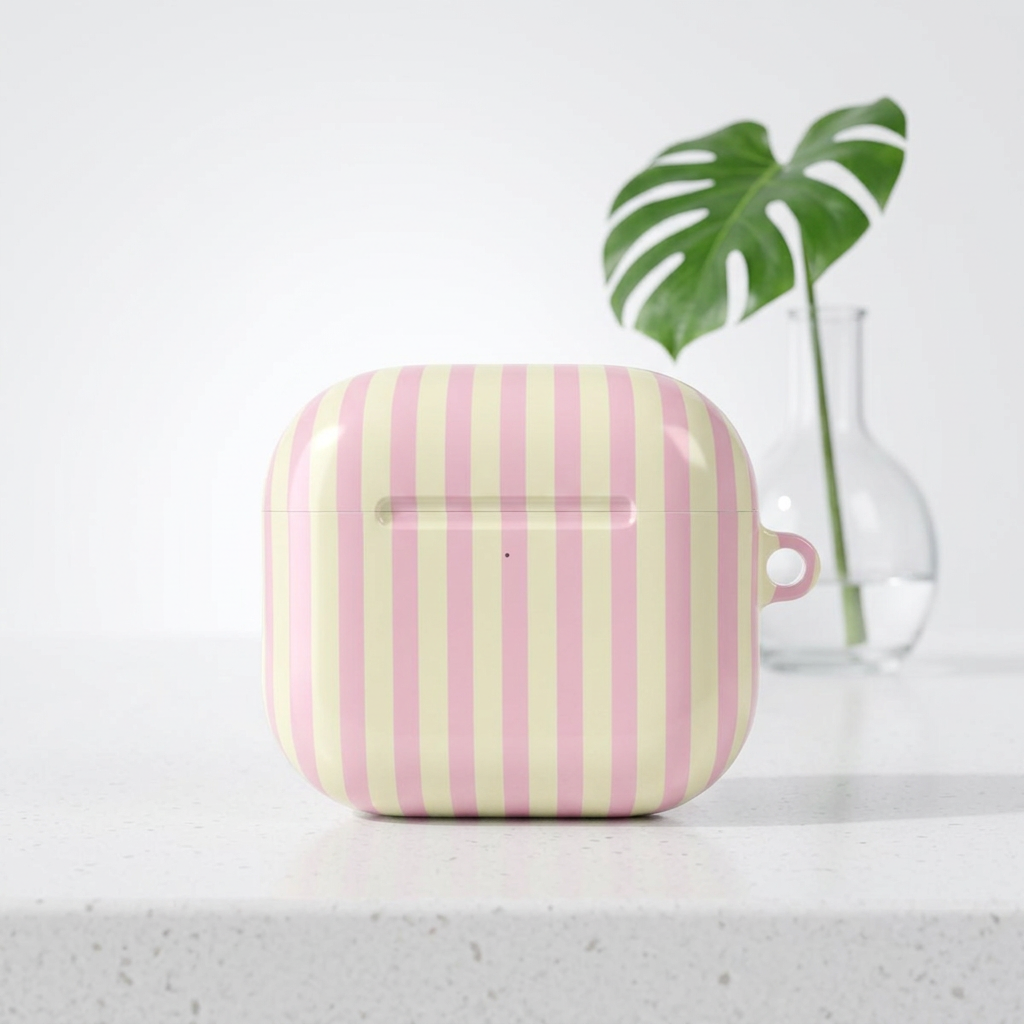 Pink and cream stripe pattern detail on an AirPod case