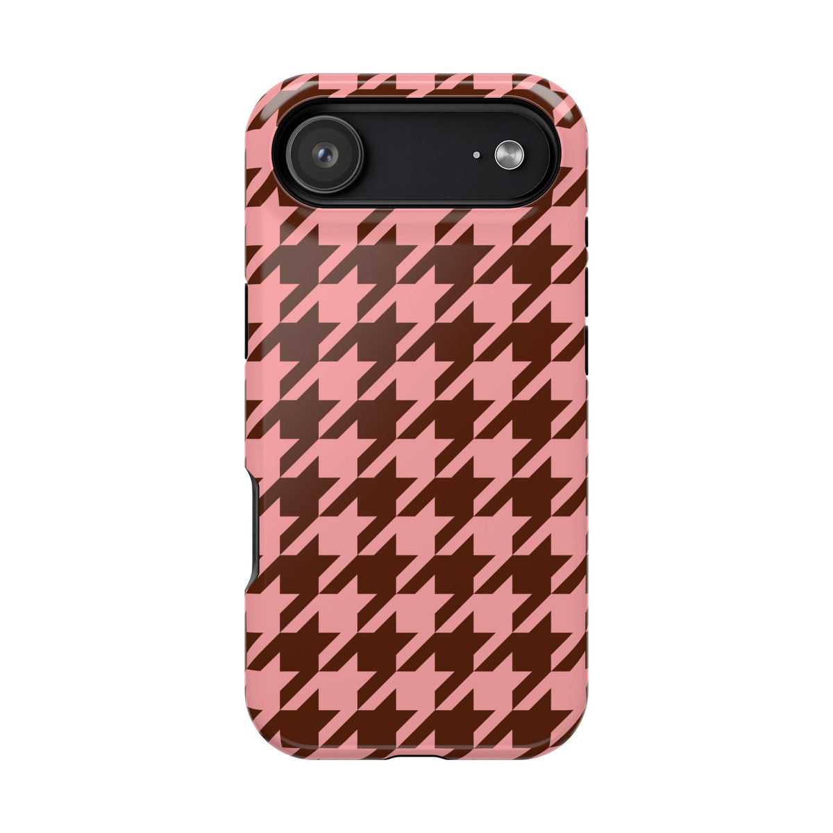 Pink and chocolate brown houndstooth MagSafe iPhone case