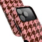 Pink houndstooth MagSafe phone case, angled view