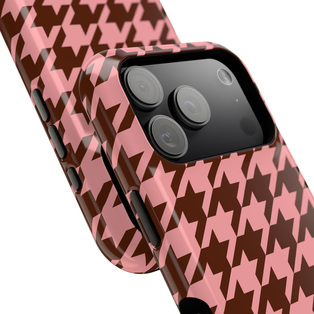Pink houndstooth MagSafe phone case, angled view