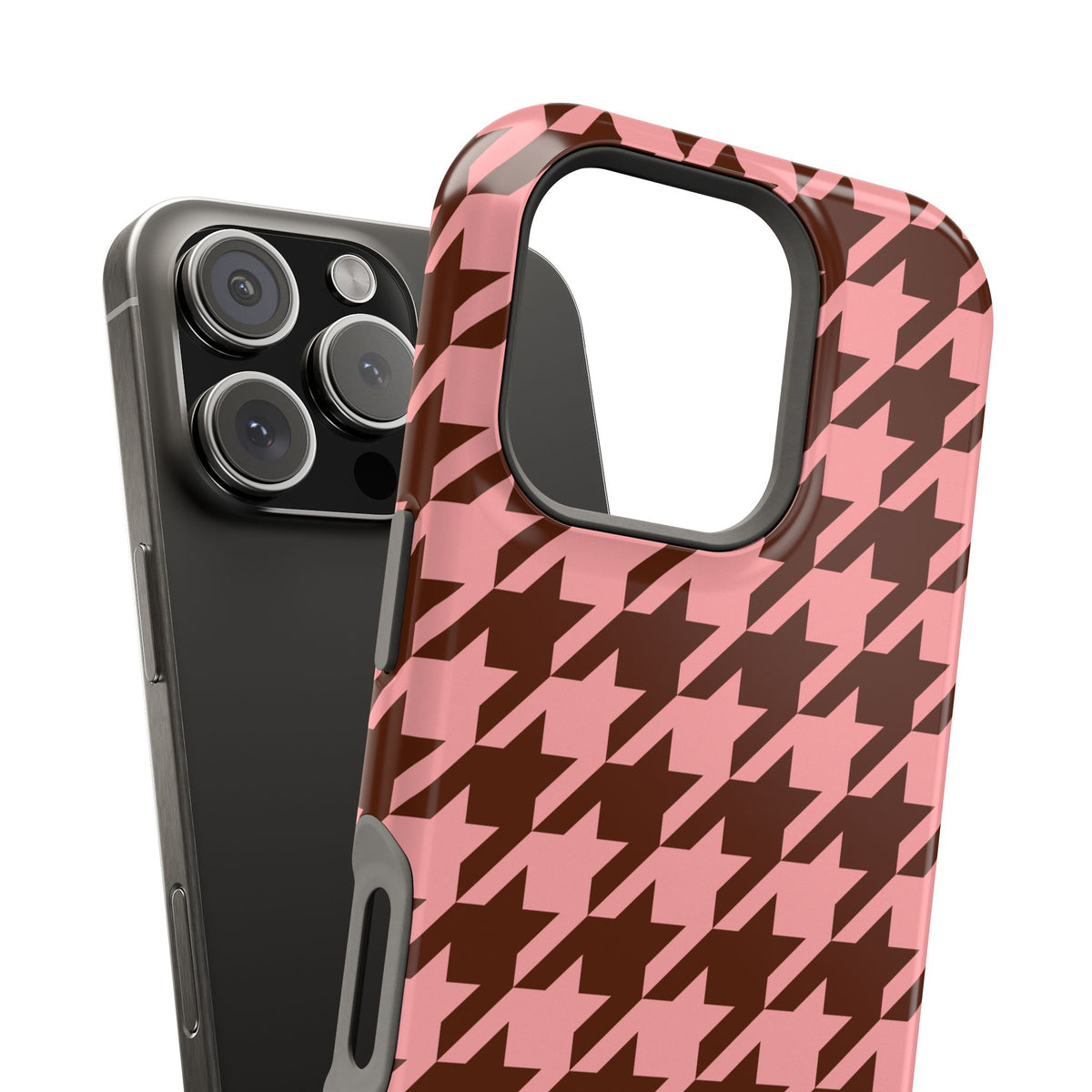 Pink houndstooth MagSafe phone case in hand