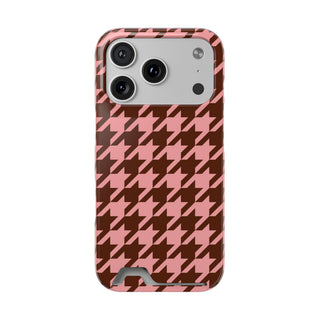 Pink houndstooth phone case with card holder, front view