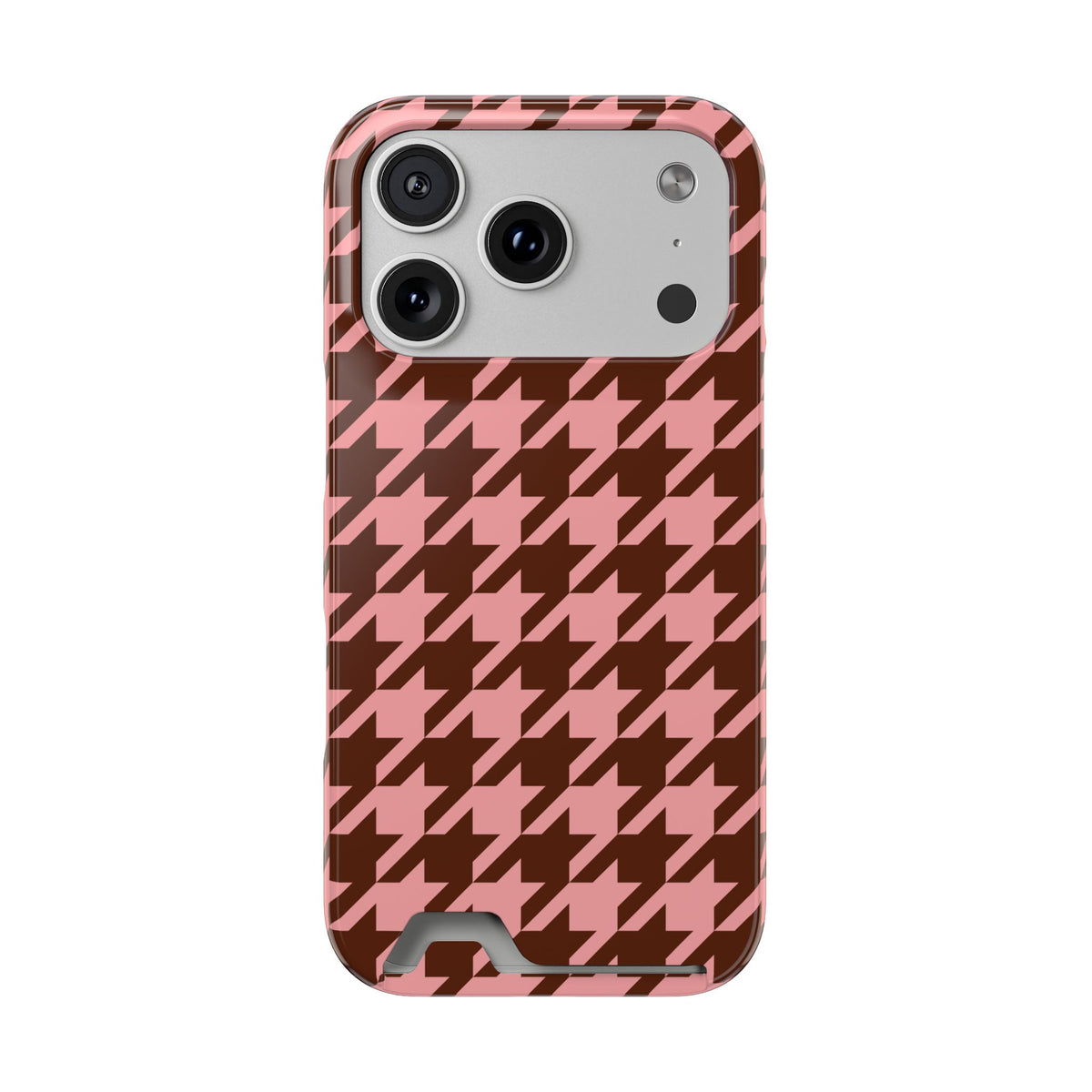 Pink houndstooth phone case with card holder, front view