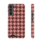 Pink houndstooth phone case with card holder, back view