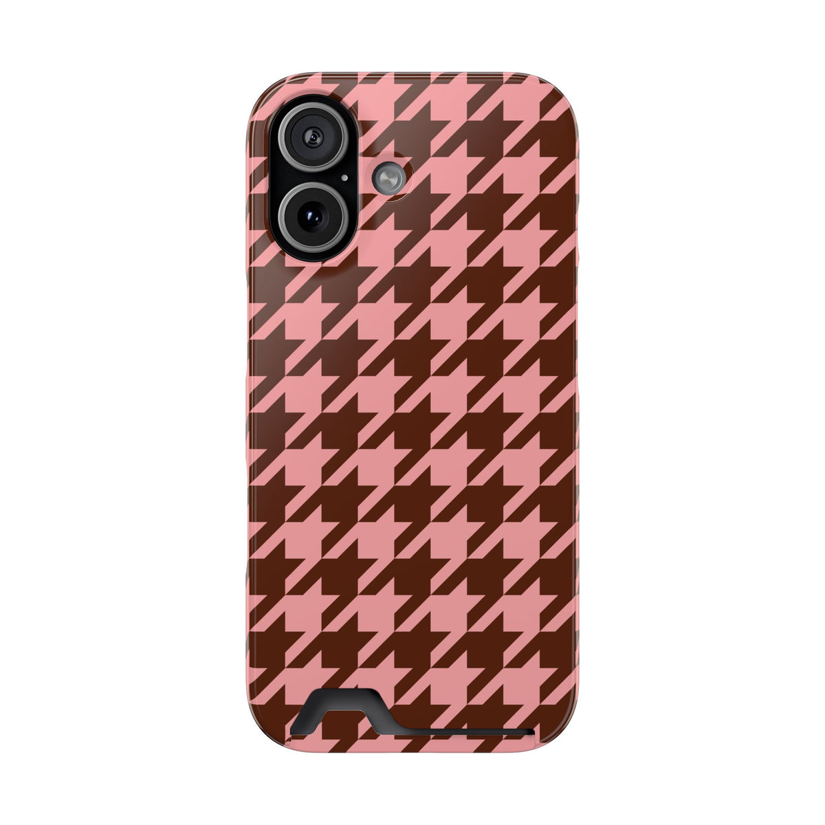 Pink houndstooth phone case with card holder, side view