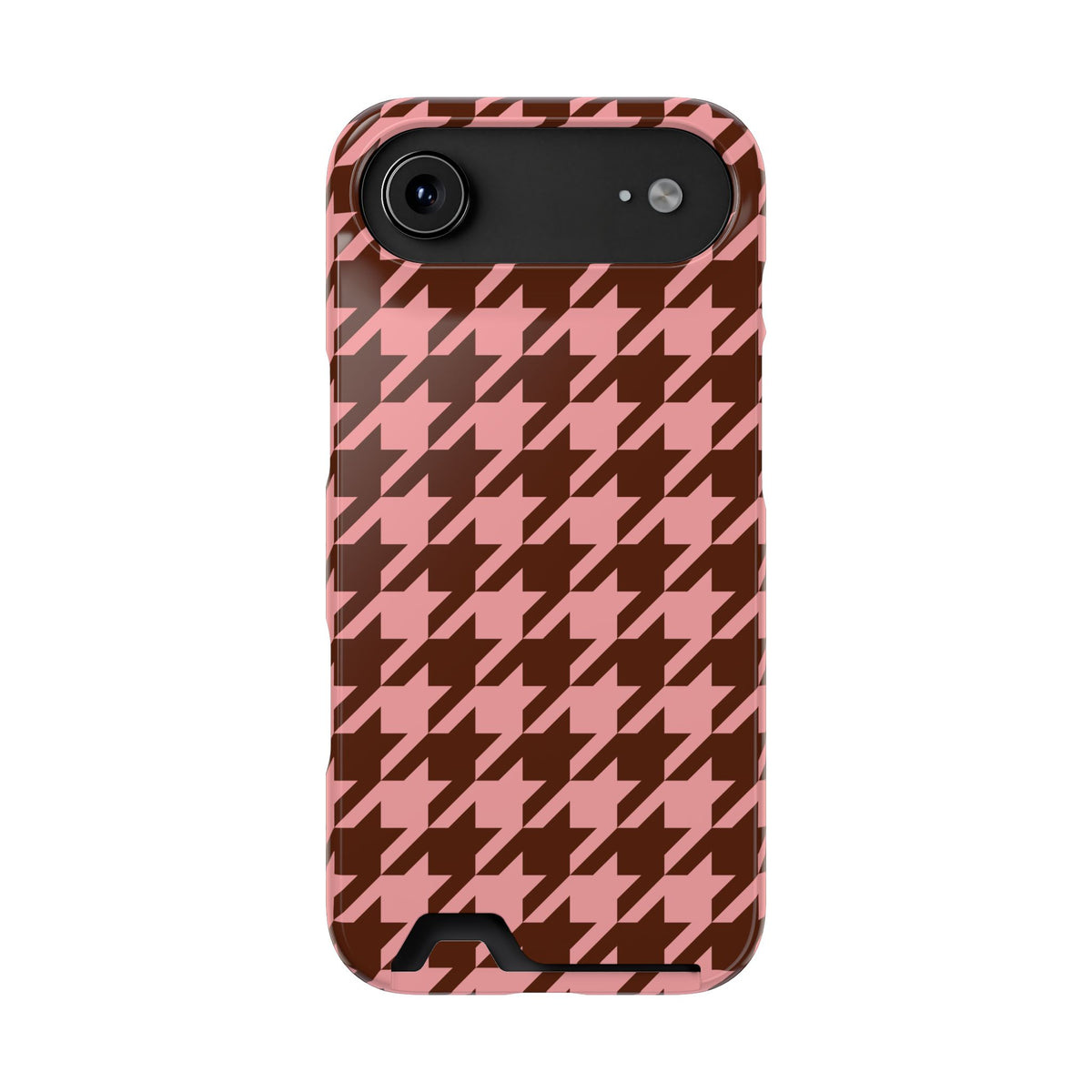 Pink houndstooth phone case with card holder, alternate view