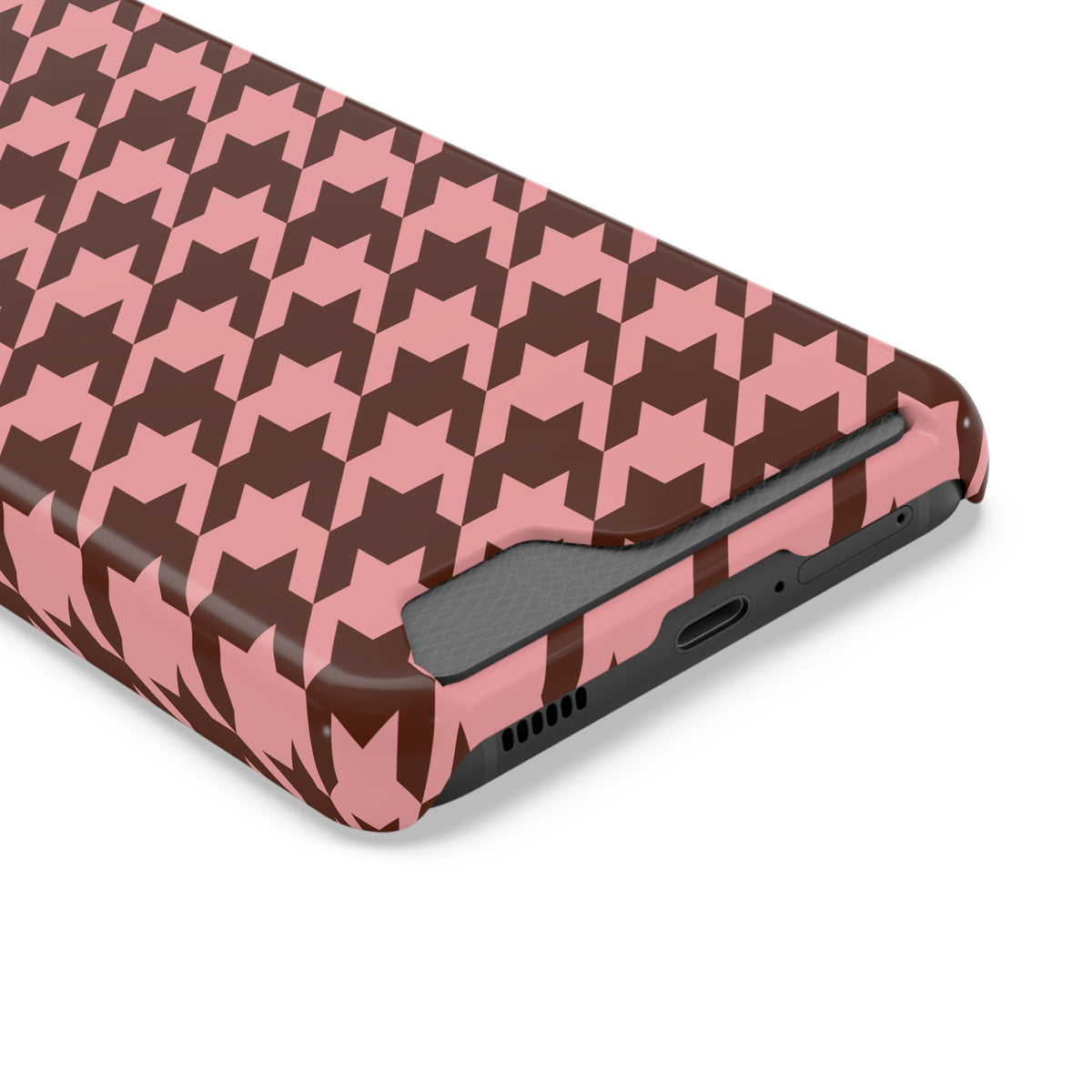 Pink houndstooth phone case with card holder, angled view