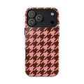 Pink houndstooth tough phone case, front view