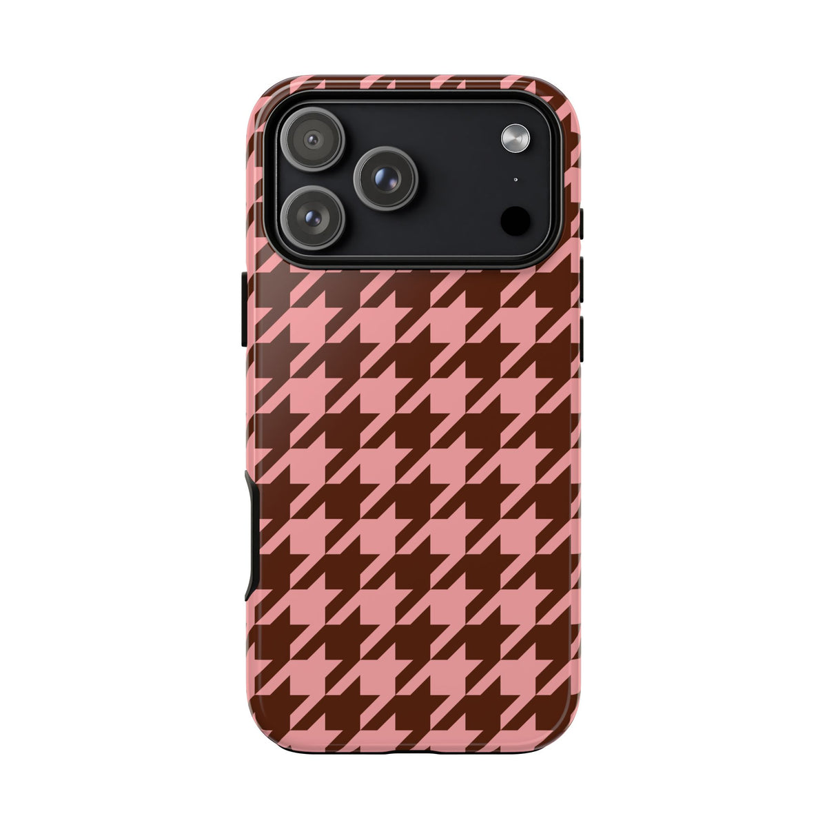Pink houndstooth tough phone case, front view