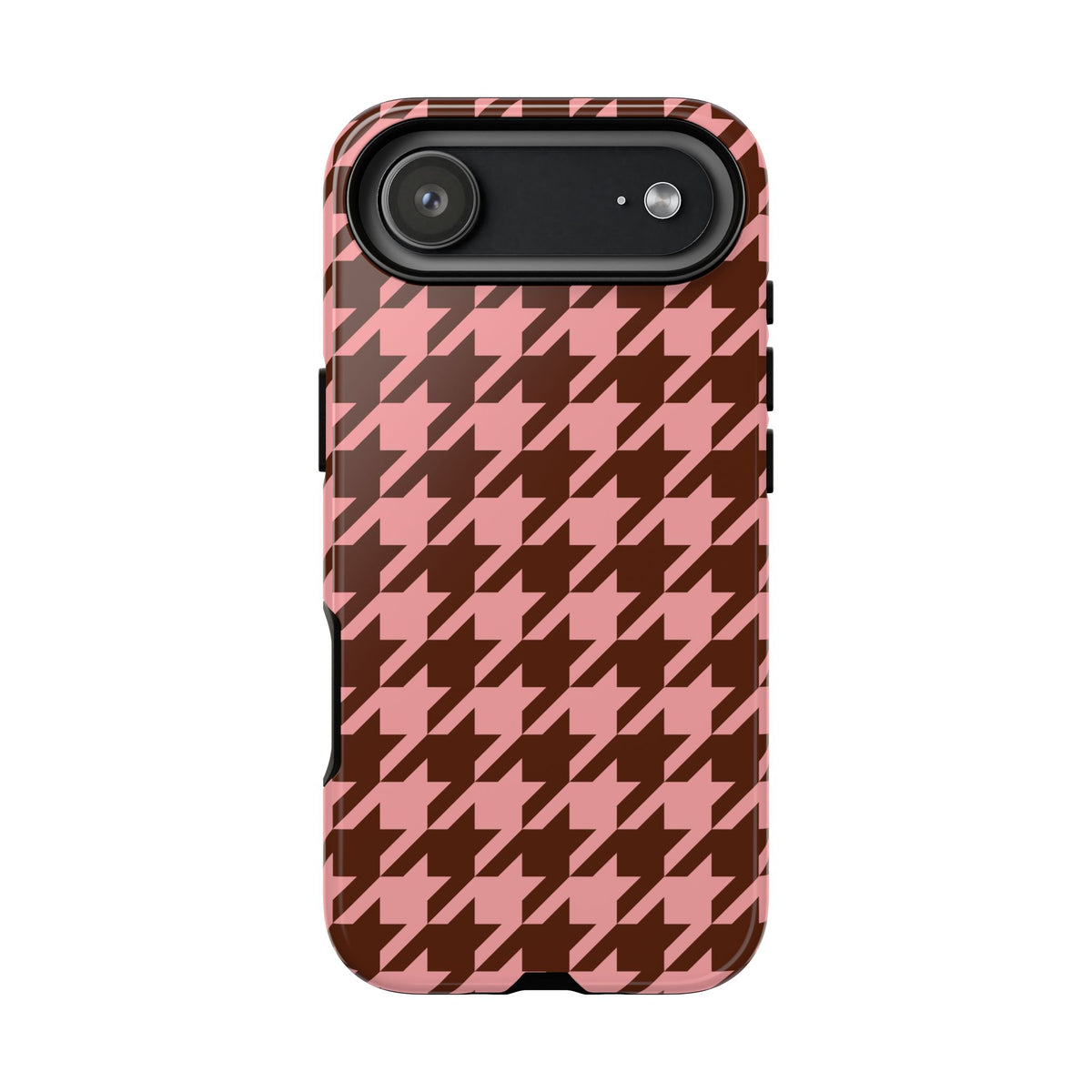 Pink houndstooth tough phone case, detail view