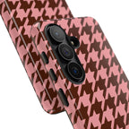 Pink houndstooth tough phone case, angled view