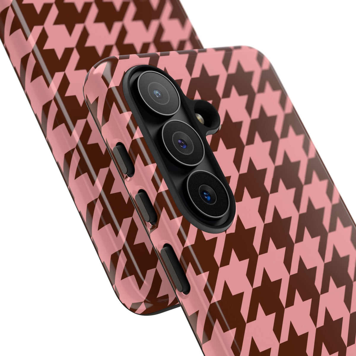 Pink houndstooth tough phone case, angled view