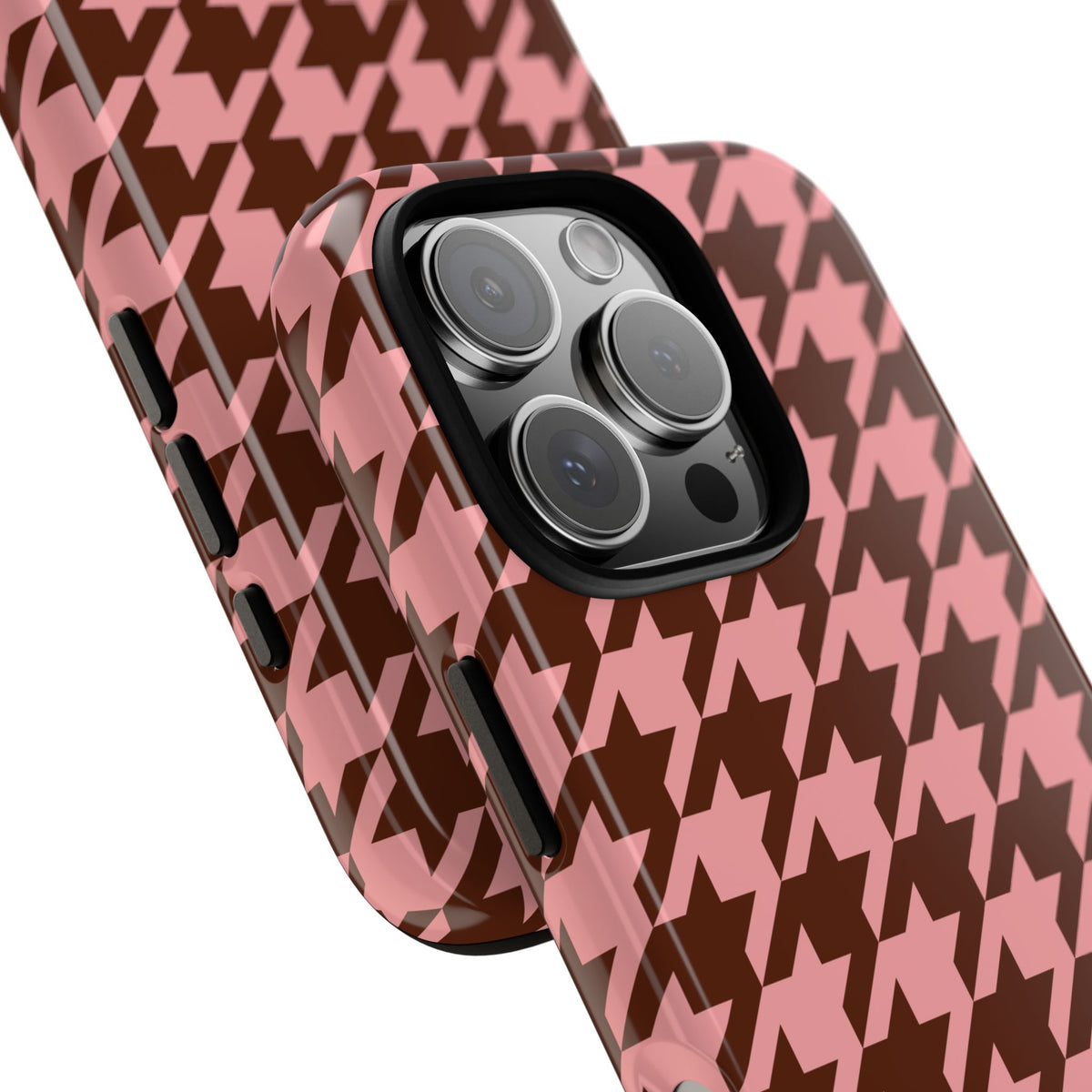 Pink houndstooth tough phone case, lifestyle view