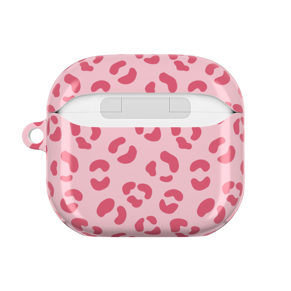 Pink leopard print AirPod case, detail view