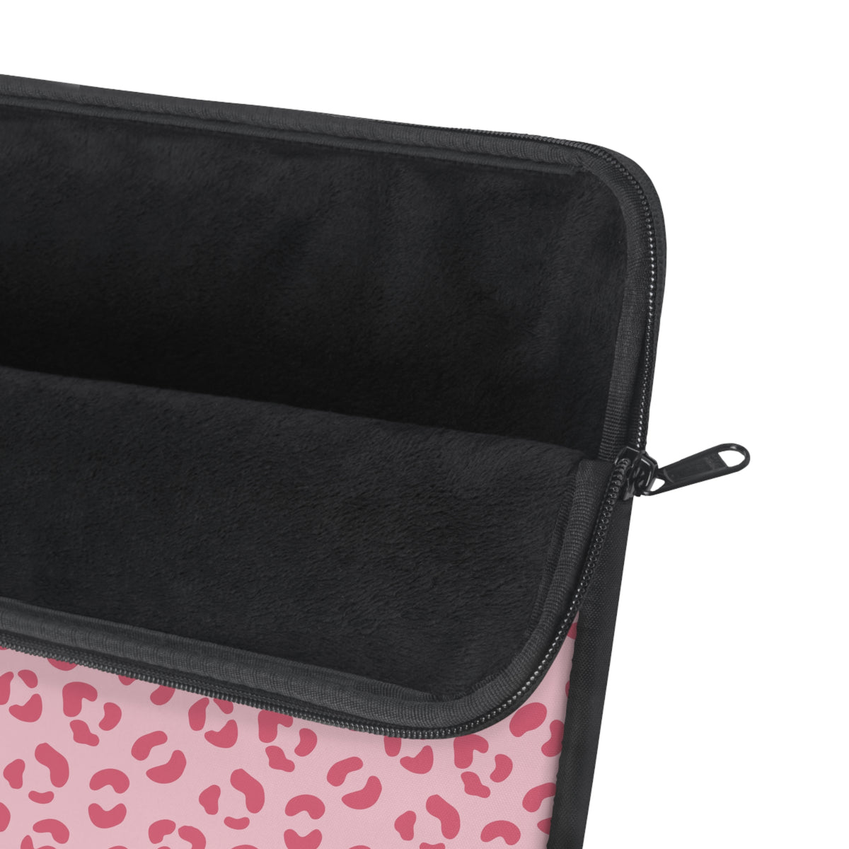 Pink leopard print laptop sleeve, detail view
