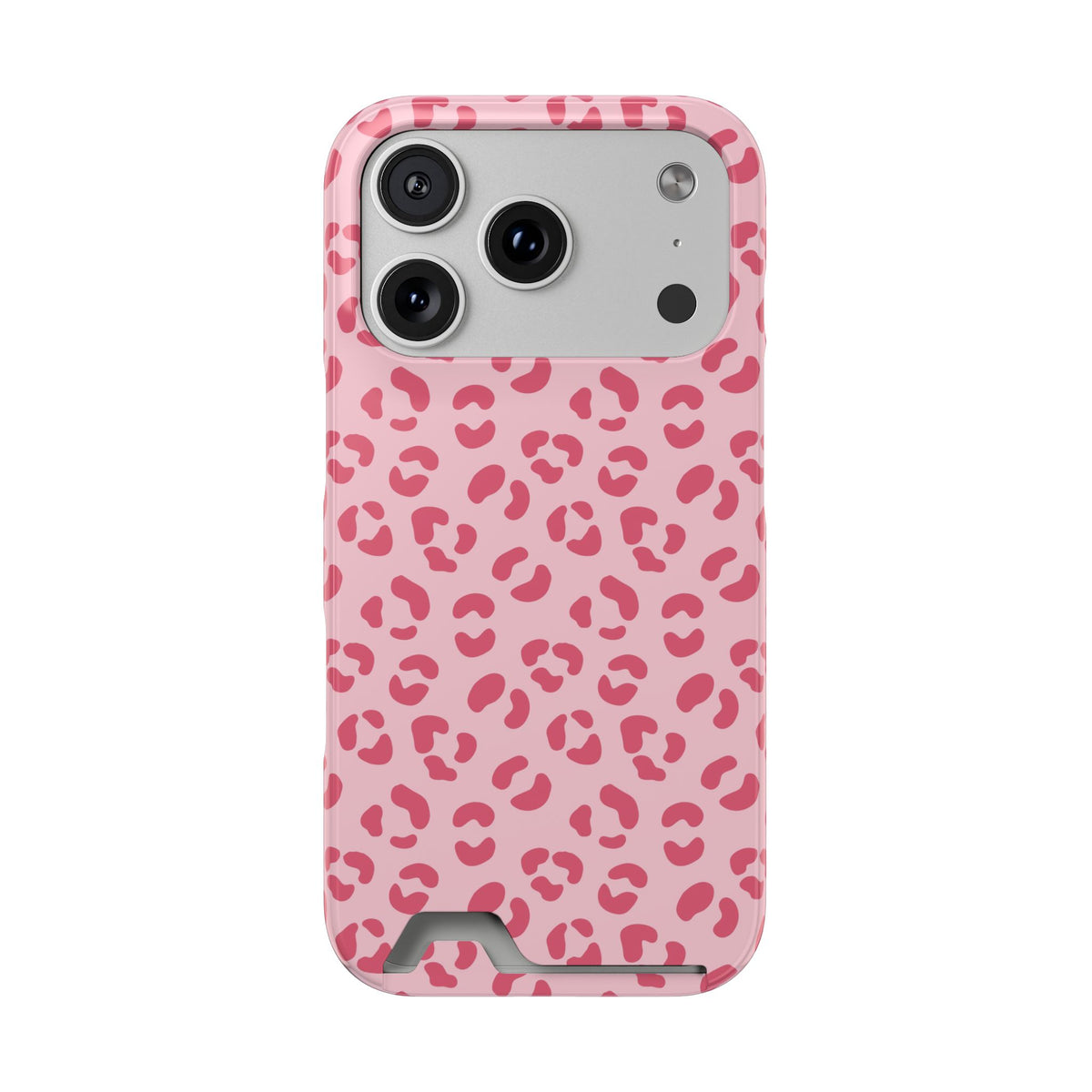 Pink leopard print phone case with card holder, front view