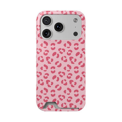 Pink leopard print phone case with card holder, front view