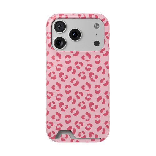 Pink leopard print phone case with card holder, front view
