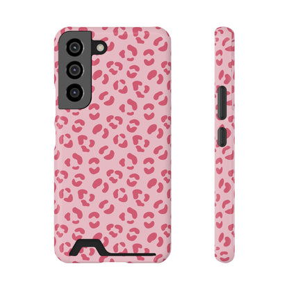 Pink leopard print phone case with card holder, back view