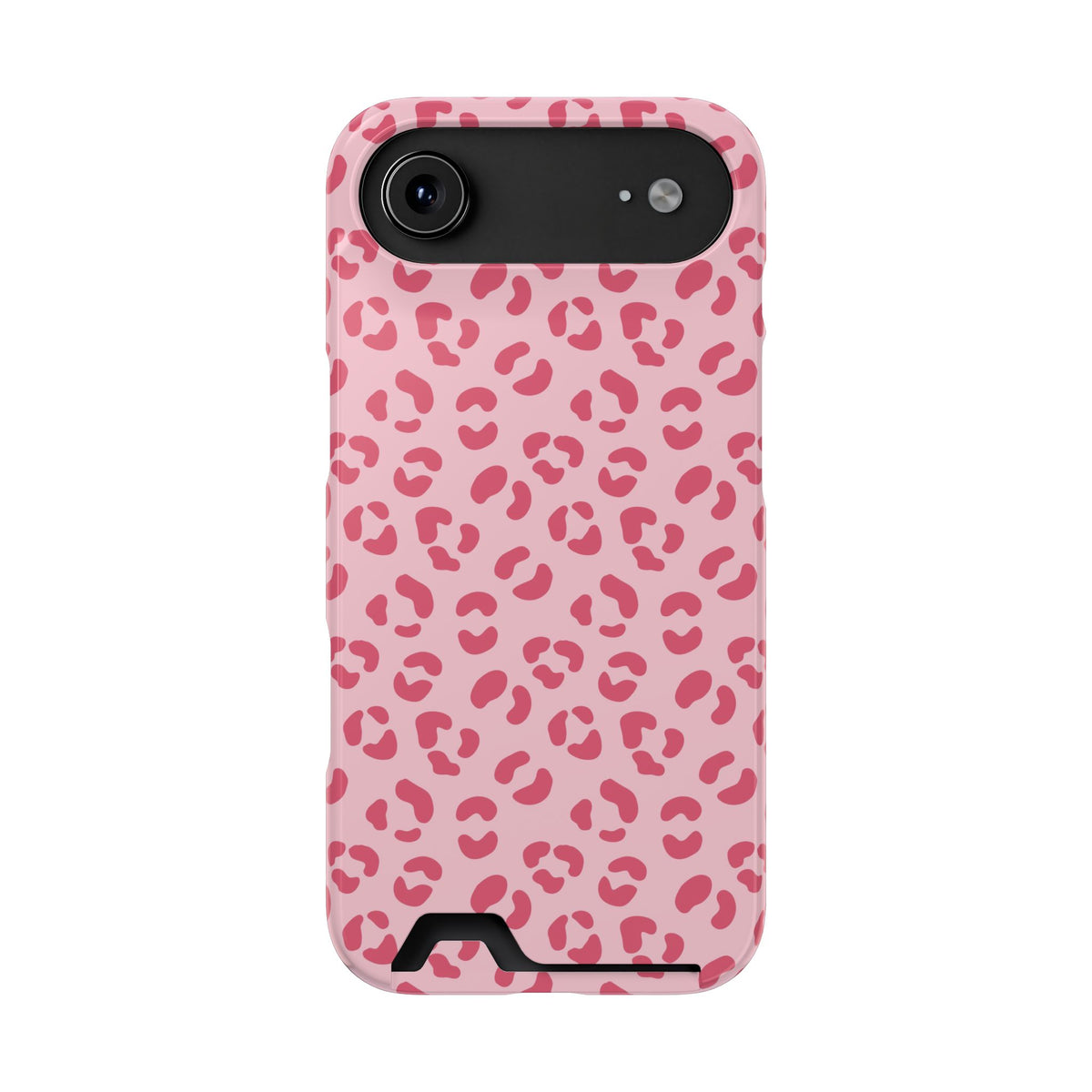 Pink leopard print phone case with card holder, alternate view