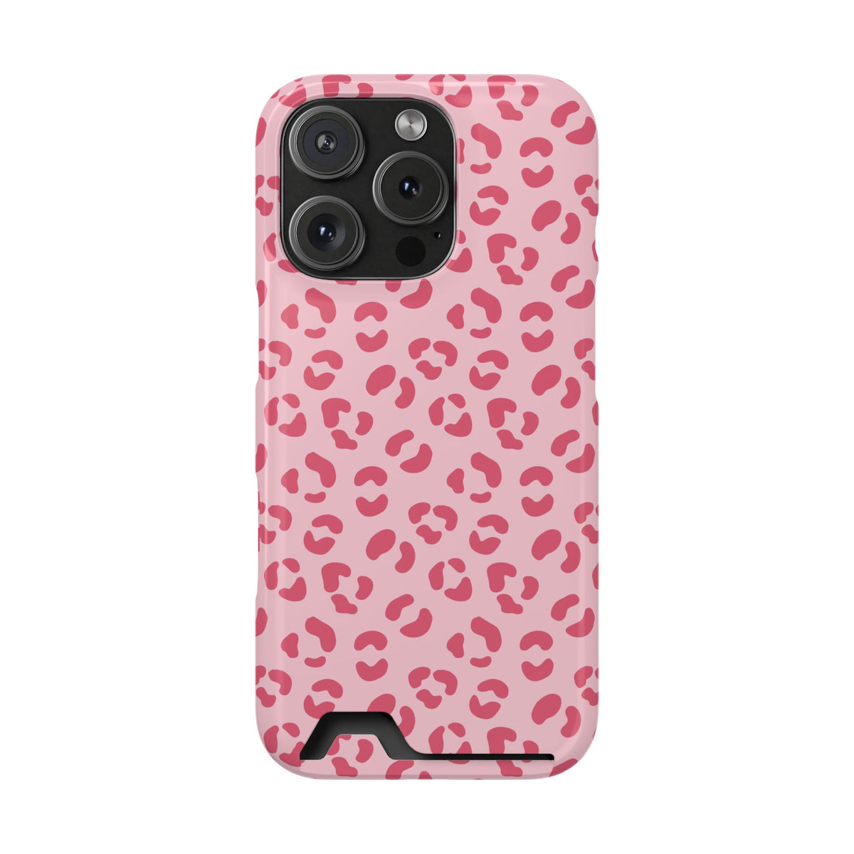 Pink leopard print phone case with card holder, detail view