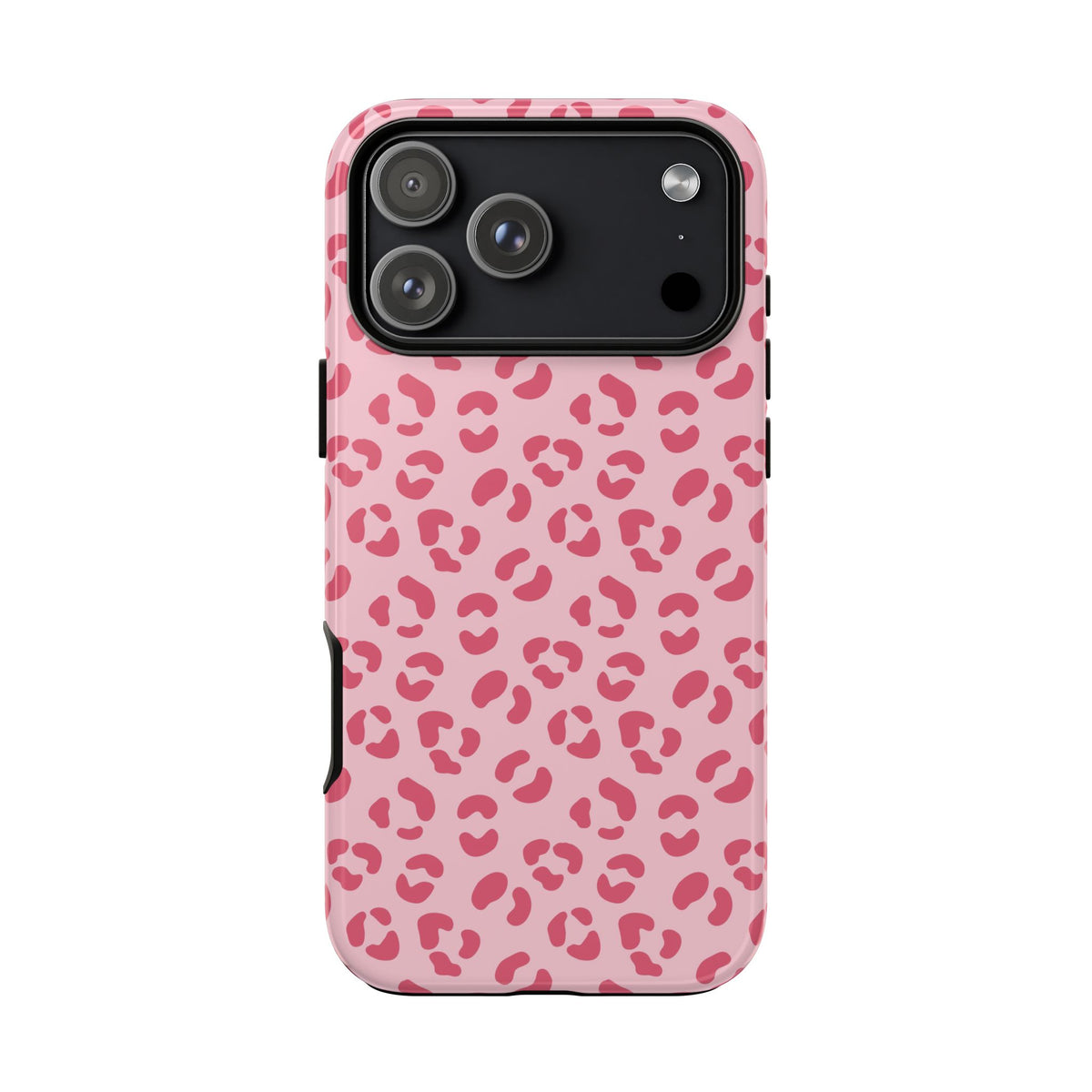 Pink leopard print tough phone case, front view