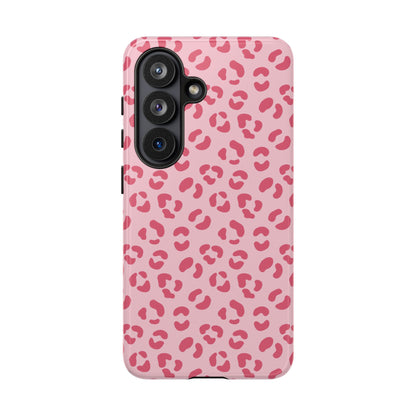 Pink leopard print tough phone case, back view