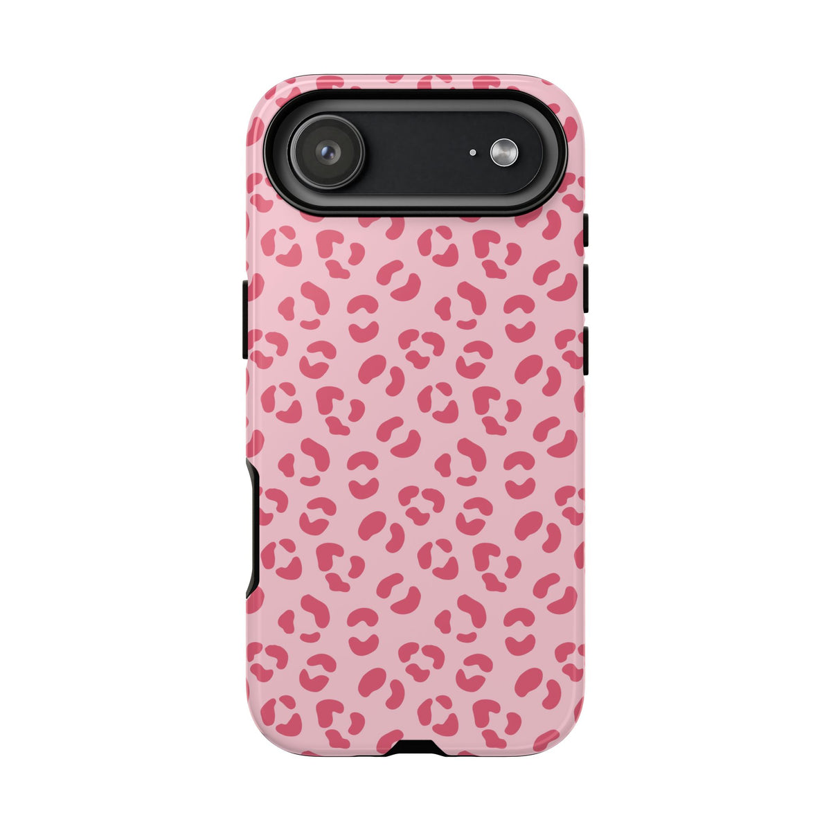Pink leopard print tough phone case, detail view
