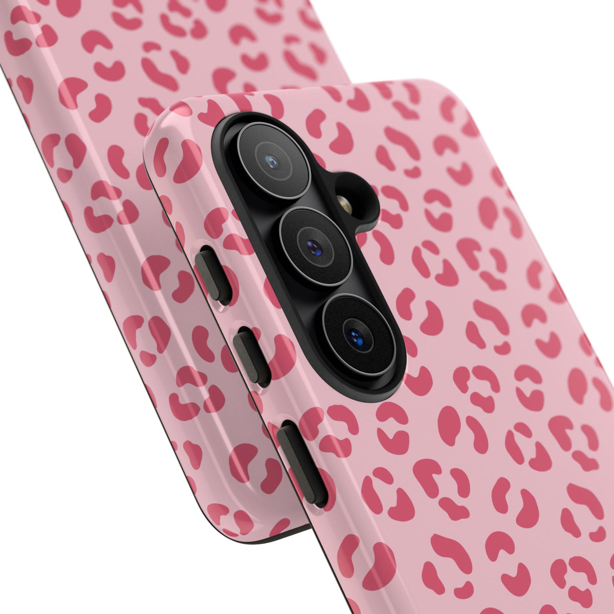 Pink leopard print tough phone case, angled view