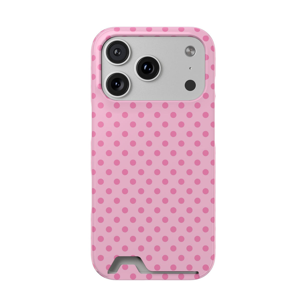 Pink polka dot phone case with a card slot