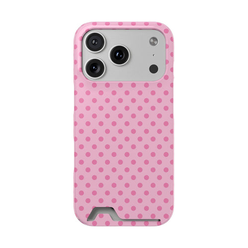 Pink polka dot phone case with a card slot
