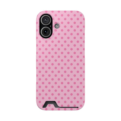 Polka dot phone case in pink, seen from the side