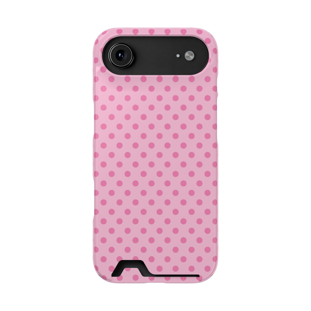 Pink dotted phone case held in hand